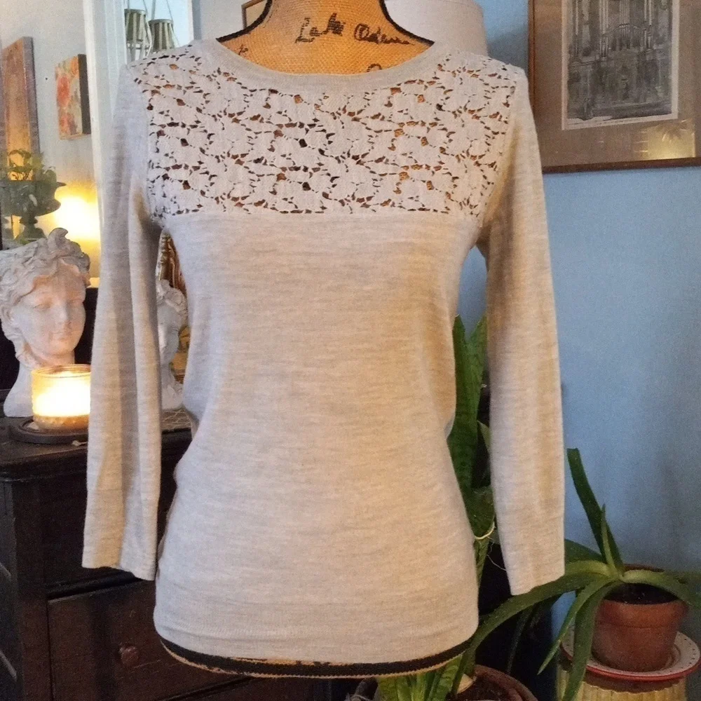 J. Crew Heather Grey Merino Wool Sweater with Floral Chest Cutouts